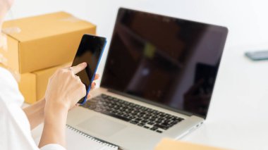 Çekici genç Asyalı girişimciler kameraya mutlu bir şekilde ev kutularında bakıyorlar, paket teslimatını sme tedarik zinciri, satın alma, omnichannel satın alma, çevrimiçi satış konsepti.