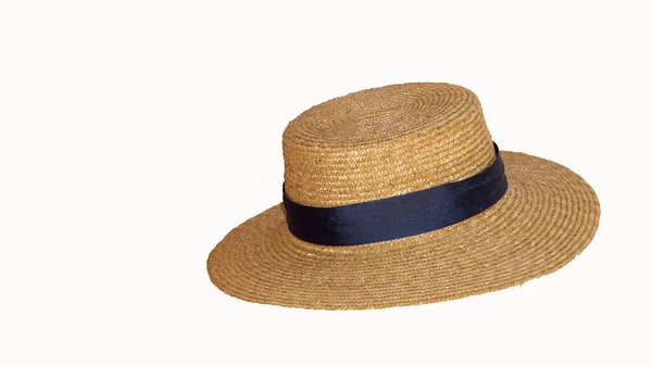 Beautiful Straw Hat Ribbon Bow Summer Beach Hat White Background — Stock Photo, Image
