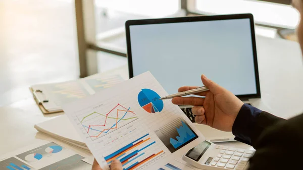 Businessman Sits Graph Analysis Desk Graphics Charts Office Calculators — Stock Photo, Image