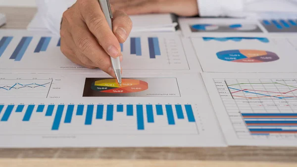Business people hold a pen to point to charts, graphs, finance, and analyze and calculate business success planning processes planning strategies.
