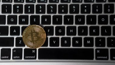 Borsa konsepti olan bir dizüstü bilgisayara yerleştirilmiş Bitcoin para.