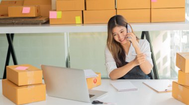 Küçük işletme sahipleri iş yerlerinde dizüstü bilgisayarlar ve karton kutularla çalışıyorlar. Küçük işletme girişimcileri KOBİ 'ler evlerinde kutu kutu satarak online e-ticaret yapıyorlar.