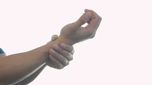 Sağ Elinde Ağrısı Olan Sol Elini Tutan Genç Bir Adam — Stok fotoğraf