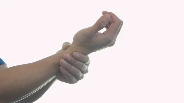 Young Man Pain His Right Hand Holding His Left Hand — Stock Photo, Image