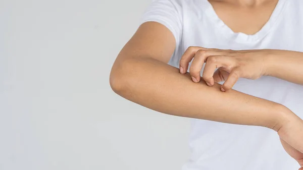 Woman Itchy Elbow Arm Pain Medical White Background Health Care — Stock Photo, Image