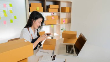 Küçük işletme girişimi, KME sahibi, Asyalı bayan girişimci okuyun ve sipariş numarasını dizüstü bilgisayara yazın. Müşterilere satılan kutuları hazırlamak için çevrimiçi siparişleri kontrol et. Çevrimiçi KOBİ iş fikri.