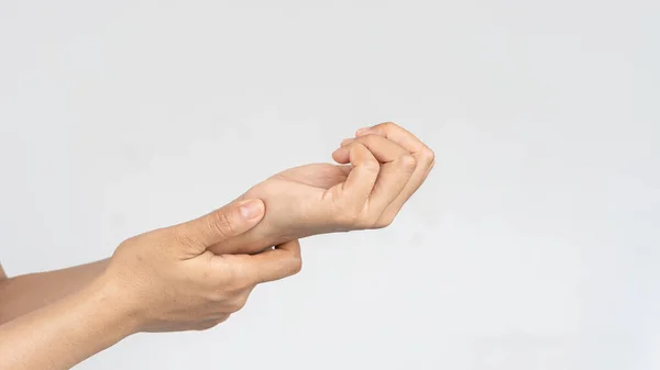 Woman Hand Pain Shaking Full Hands Medical Concept White Background — Stock Photo, Image