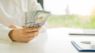 Elinde birkaç yüz dolarlık banknot tutan bir işadamı, maaş konsepti..