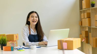 Güzel bir Asyalı iş kadını müşterilerden sipariş almak için kutular ve dizüstü bilgisayarlarla çalışır ve evde çalışmaktan zevk alır. Fikir satar ve dağıtırlar..