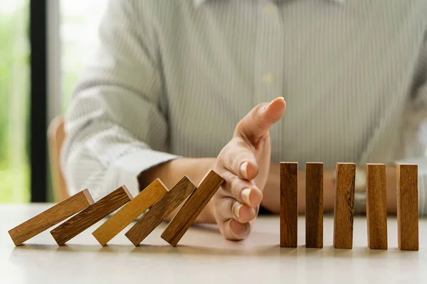 Businessman Protecting Falling Blocks Plans Strategies Business Risks Defenses Investment — Stock Photo, Image