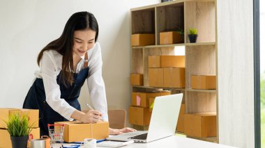 Küçük bir işletme kuran KOBİ sahipleri, Kadın Girişimciler, kutuları hazırlamak için çevrimiçi siparişleri kontrol etmek üzere kutular ve dizüstü bilgisayarlarla çalıştılar. Müşterilere satıyorum. Çevrimiçi KOBİ iş fikri.