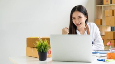 Girişim, küçük işletme, KOBİ, kutularla çalışan Asyalı kadın girişimcilerin sahibi. Gülümse ve bilgisayar kullanarak satış açığını kontrol et. Çevrimiçi KOBİ işinde farklı düşünmeyi başardıktan sonra.