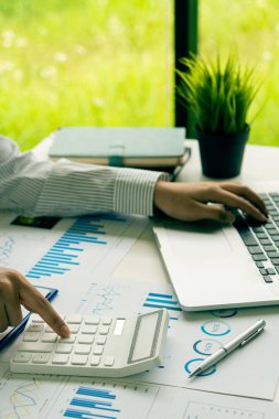 Genç işadamı masadaki iş grafiği belgelerini dizüstü bilgisayar ve hesap makinesi ile analiz ediyor. İş dünyası ve dikey resimli ekonomik kavramlar.