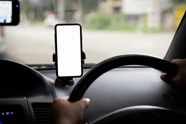 Young Man Driving Car White Screen Phone Front Gps Concept — Stock Photo, Image