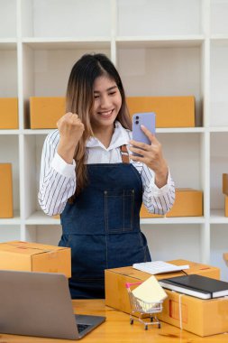 Mobil uygulama kullanan bir kadın küçük işletme sahibi paket kutularını kontrol ediyor, eski bir girişimci cep telefonu teknolojisi cihazı tutuyor, malları teslim etmek için paket teslimatı hazırlıyor..