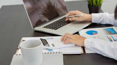 Elinde kalem olan bir bilgisayar ve hesap makinesi kullanan bir muhasebeci para kazanıyor ve masadaki evde yapılan harcamaları analiz ediyor..