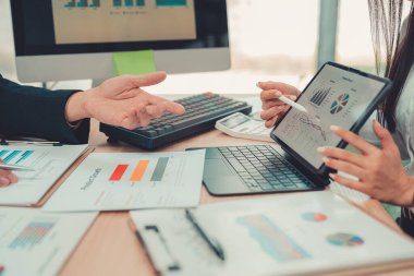 Two accountants use calculators to perform company financial calculations, handle accounting on laptop computers at their desks, manage budgets, and handle financial tasks.