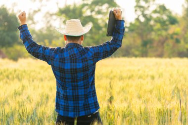 Becerikli bir Asyalı, arpa tarlalarını izlemek için teknolojiyle donatılmış dijital cep telefonları ve tabletleri kullanıyor. Tarım üretimi için internet uygulamaları kullanıyor..
