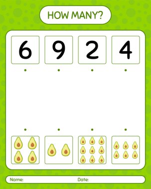 Avokadoyla kaç tane sayma oyunu. Anaokulu çocukları için çalışma listesi, aktivite listesi, yazdırılabilir çalışma tablosu