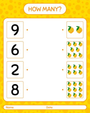 Anaokulu öğrencileri için yumurta meyvesi çalışma kağıdıyla kaç tane sayma oyunu, etkinlik sayfası, basılabilir çalışma tablosu