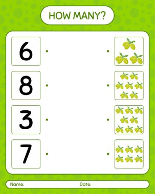 Olive 'le kaç tane sayma oyunu var? Anaokulu çocukları için çalışma listesi, aktivite listesi, yazdırılabilir çalışma tablosu