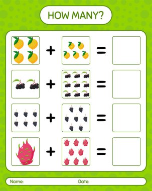 Meyveli kaç tane sayma oyunu. Anaokulu çocukları için çalışma listesi, aktivite listesi, yazdırılabilir çalışma tablosu