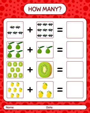 Meyveli kaç tane sayma oyunu. Anaokulu çocukları için çalışma listesi, aktivite listesi, yazdırılabilir çalışma tablosu