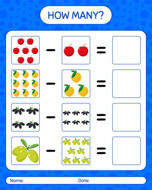 Meyveli kaç tane sayma oyunu. Anaokulu çocukları için çalışma listesi, aktivite listesi, yazdırılabilir çalışma tablosu