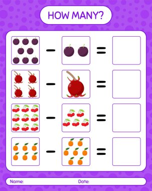 Meyveli kaç tane sayma oyunu. Anaokulu çocukları için çalışma listesi, aktivite listesi, yazdırılabilir çalışma tablosu