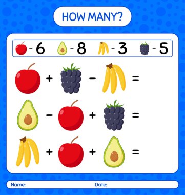 Meyveli kaç tane sayma oyunu. Anaokulu çocukları için çalışma listesi, aktivite listesi, yazdırılabilir çalışma tablosu