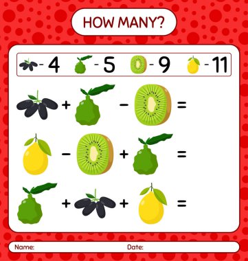 Meyveli kaç tane sayma oyunu. Anaokulu çocukları için çalışma listesi, aktivite listesi, yazdırılabilir çalışma tablosu