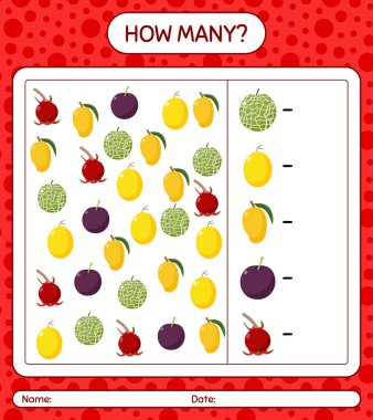Meyveli kaç tane sayma oyunu. Anaokulu çocukları için çalışma listesi, aktivite listesi, yazdırılabilir çalışma tablosu