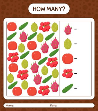 Meyveli kaç tane sayma oyunu. Anaokulu çocukları için çalışma listesi, aktivite listesi, yazdırılabilir çalışma tablosu
