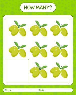 Olive 'le kaç tane sayma oyunu var? Anaokulu çocukları için çalışma listesi, aktivite listesi, yazdırılabilir çalışma tablosu