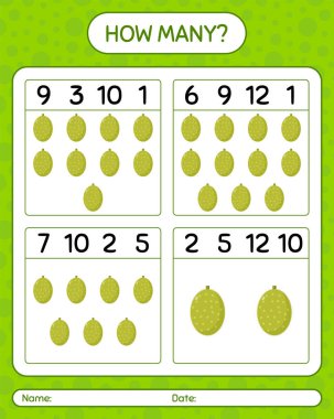 Jackfruit ile kaç tane sayma oyunu. Anaokulu çocukları için çalışma listesi, aktivite listesi, yazdırılabilir çalışma tablosu