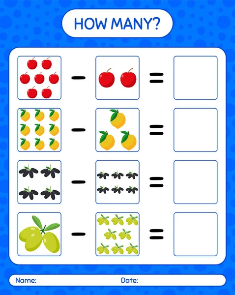 Meyveli kaç tane sayma oyunu. Anaokulu çocukları için çalışma listesi, aktivite listesi, yazdırılabilir çalışma tablosu