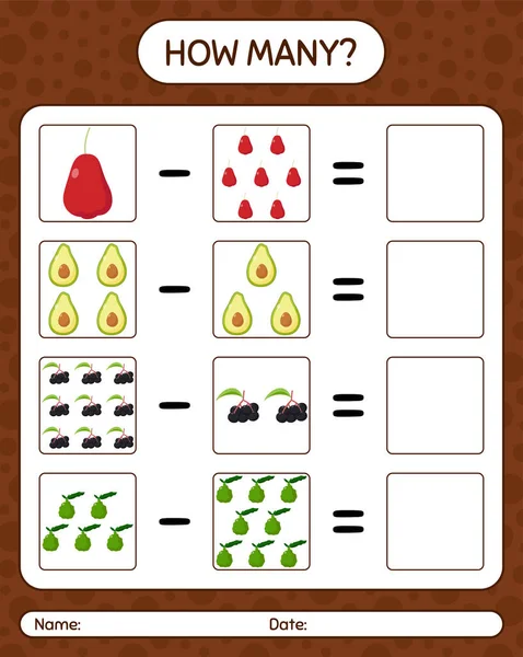 Quanti Contano Gioco Con Frutta Foglio Lavoro Bambini Età Prescolare — Vettoriale Stock