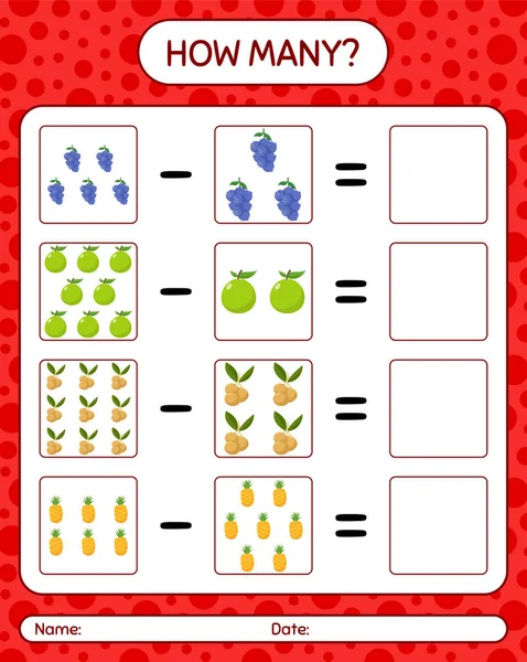 Meyveli kaç tane sayma oyunu. Anaokulu çocukları için çalışma listesi, aktivite listesi, yazdırılabilir çalışma tablosu