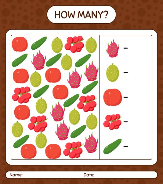 Meyveli kaç tane sayma oyunu. Anaokulu çocukları için çalışma listesi, aktivite listesi, yazdırılabilir çalışma tablosu