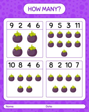 Mangosteen ile kaç tane sayma oyunu. Anaokulu çocukları için çalışma listesi, aktivite listesi, yazdırılabilir çalışma tablosu
