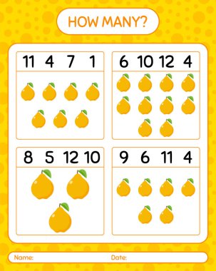 Ayva ile kaç tane sayma oyunu. Anaokulu çocukları için çalışma listesi, aktivite listesi, yazdırılabilir çalışma tablosu