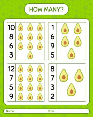 Avokadoyla kaç tane sayma oyunu. Anaokulu çocukları için çalışma listesi, aktivite listesi, yazdırılabilir çalışma tablosu