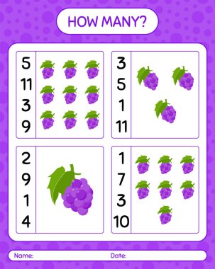 Üzümlü kaç tane sayma oyunu var? Anaokulu çocukları için çalışma listesi, aktivite listesi, yazdırılabilir çalışma tablosu