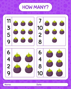 Mangosteen ile kaç tane sayma oyunu. Anaokulu çocukları için çalışma listesi, aktivite listesi, yazdırılabilir çalışma tablosu