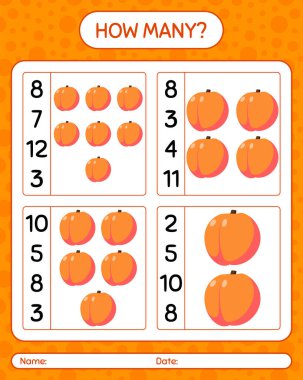 Şeftali ile kaç tane sayma oyunu. Anaokulu çocukları için çalışma listesi, aktivite listesi, yazdırılabilir çalışma tablosu