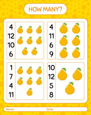 Ayva ile kaç tane sayma oyunu. Anaokulu çocukları için çalışma listesi, aktivite listesi, yazdırılabilir çalışma tablosu
