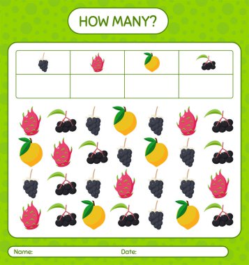 Meyveli kaç tane sayma oyunu. Anaokulu çocukları için çalışma listesi, aktivite listesi, yazdırılabilir çalışma tablosu