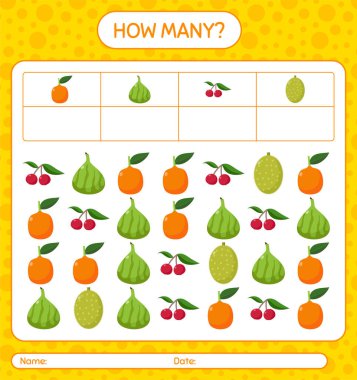 Meyveli kaç tane sayma oyunu. Anaokulu çocukları için çalışma listesi, aktivite listesi, yazdırılabilir çalışma tablosu