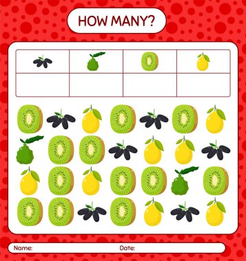 Meyveli kaç tane sayma oyunu. Anaokulu çocukları için çalışma listesi, aktivite listesi, yazdırılabilir çalışma tablosu