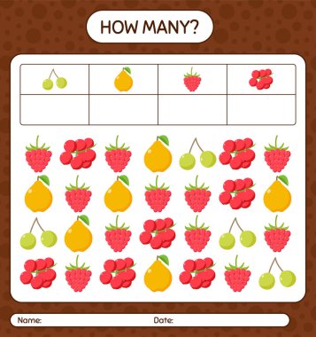 Meyveli kaç tane sayma oyunu. Anaokulu çocukları için çalışma listesi, aktivite listesi, yazdırılabilir çalışma tablosu